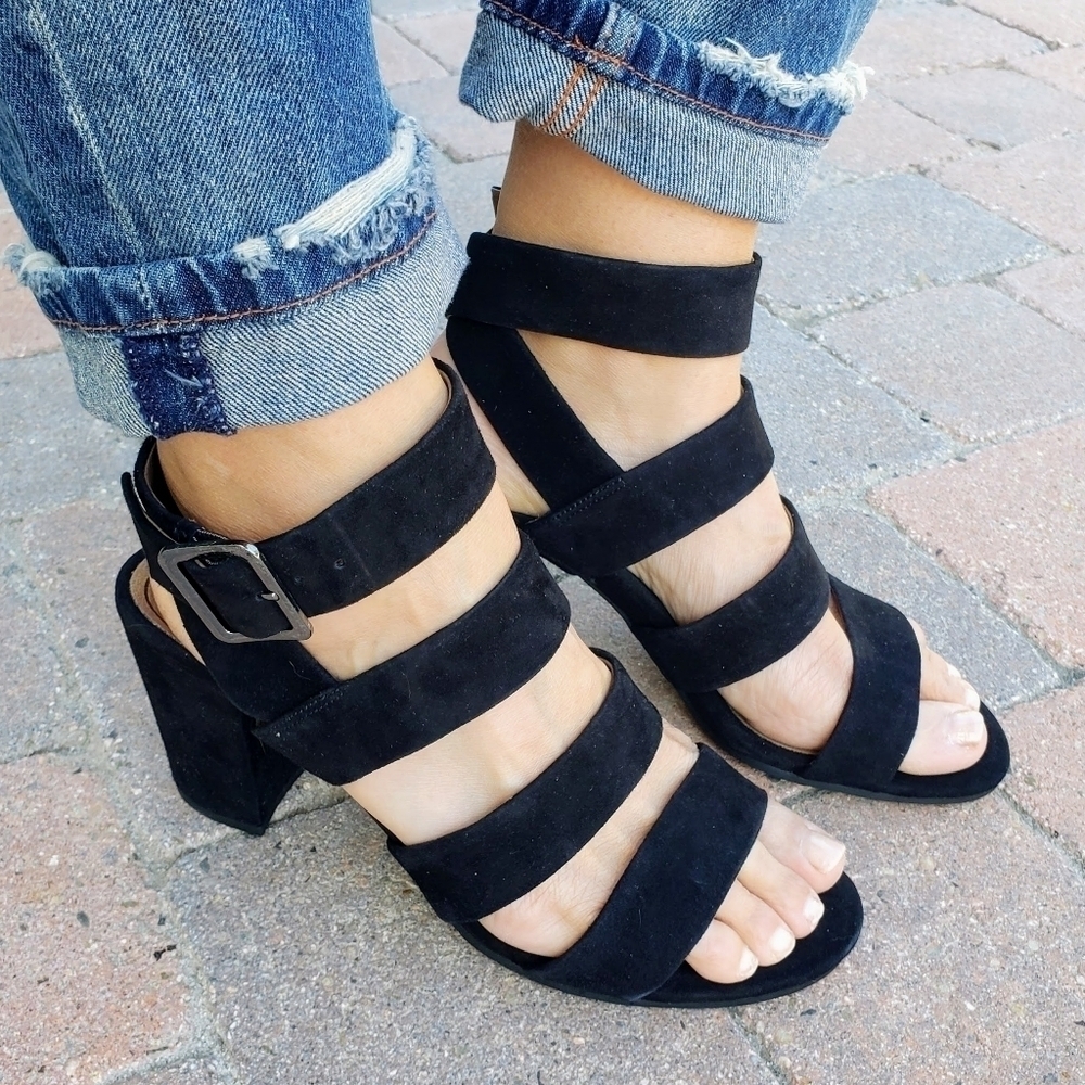 Vionic Black Suede Strappy Stacked Block Heel Blaire Sandals Heels New 6 6.5 - Picture 6 of 15